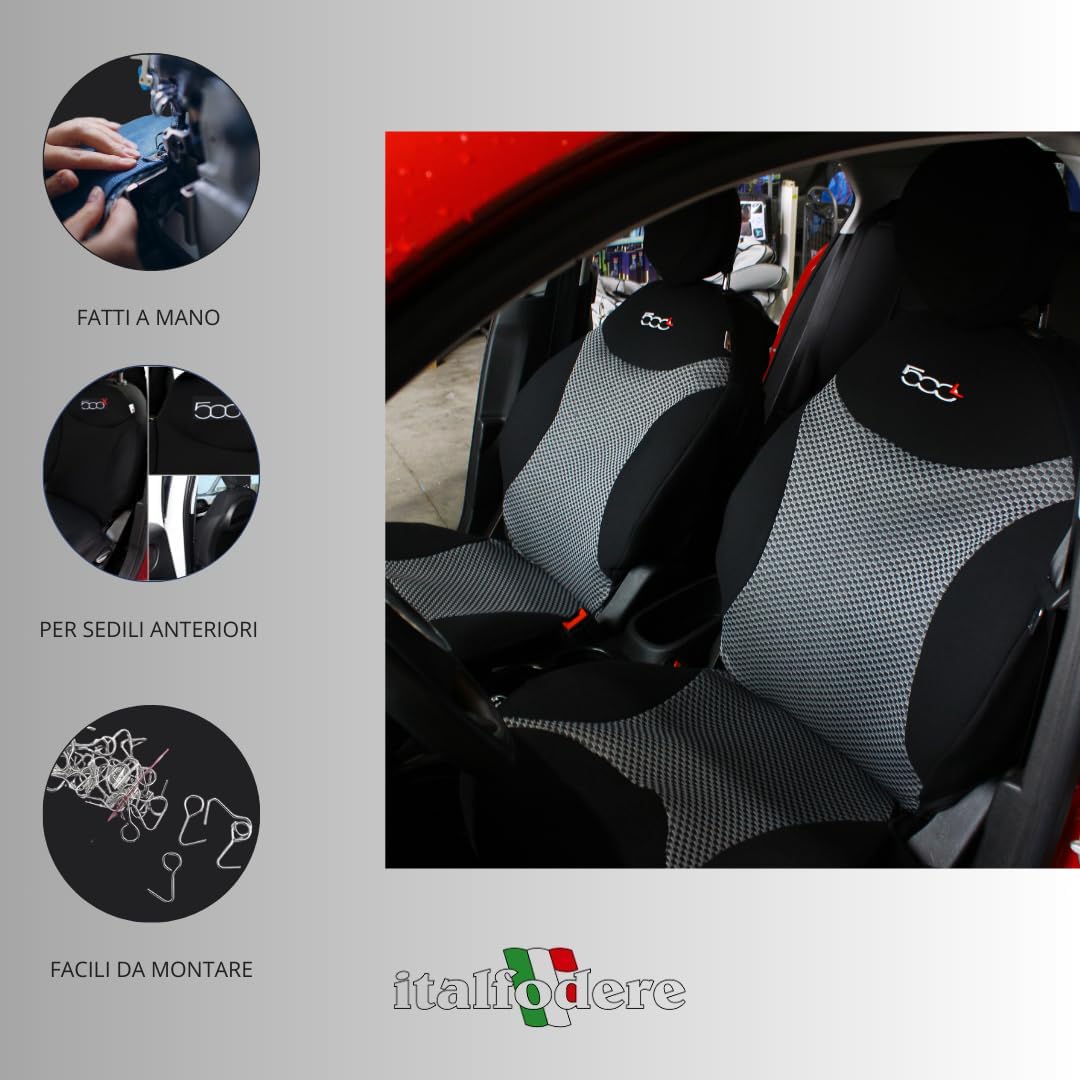 Italfodere - Paar Vordersitzbezüge kompatibel mit Fiat 500L - Gepaarte Baumwolle - Handgefertigt - Elegant und langlebig - Autozubehör - Schwarz 38 - Made in Italy