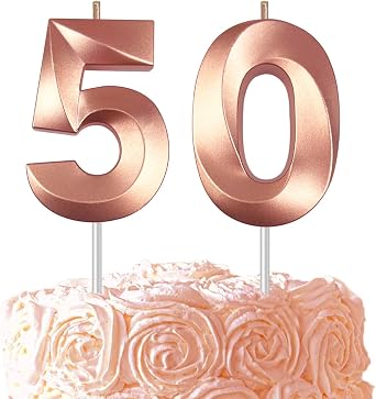 Rose Gold Number 50 Candles, 3D Diamond 2.76 Inch Cake Topper Birthday Candles for Wedding Anniversary Cake Decorations, Happy Birthday Party Decorations