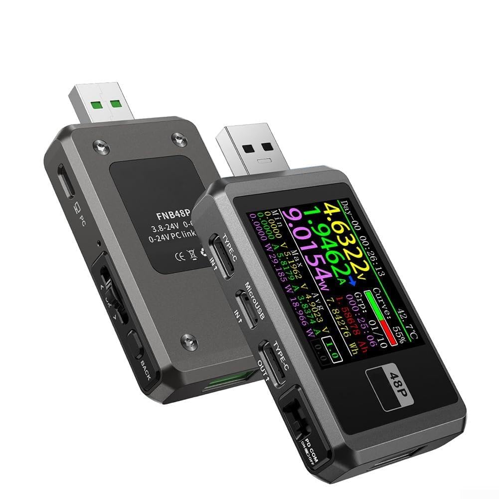 FNB48P - Tester USB, voltmetro, amperometro, 1,77 pollici, TFT (argento) | Display TFT da 1,77 pollici, alta risoluzione, misurazione della tensione e della corrente, design compatto, affidabile