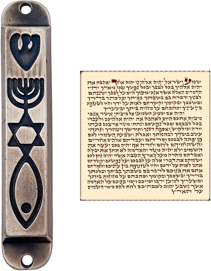 Pewter Messianic Mezuzah Case with Scroll for Door Jerusalem Menorah Messianic Seal 10 cm / 4 Inch