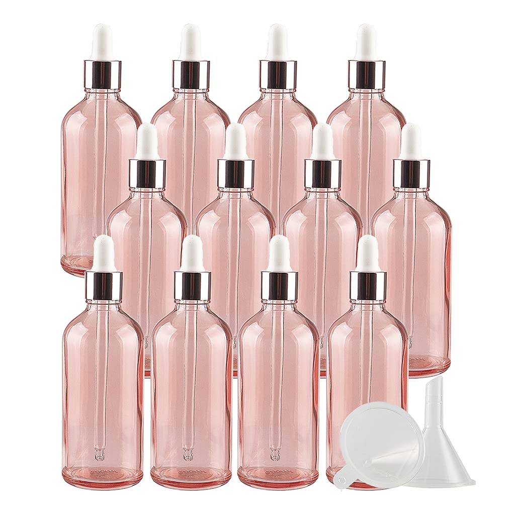 24 Pieces Empty 100ml Transparent Pink Glass Dropper Bottles with Glass Pipettes for Essential Oil Aromatherapy Blends Perfume Aroma Cosmetic Vials Travel Containers