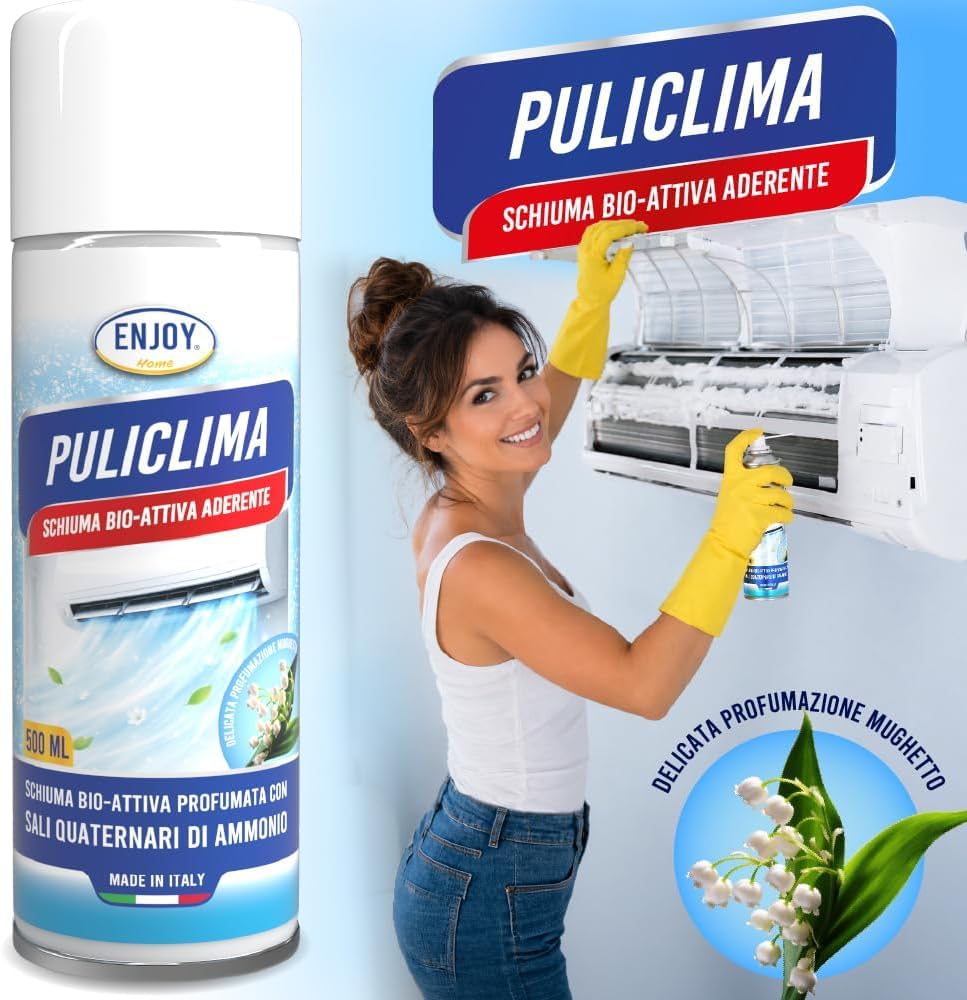 ENJOY HOME PULICLIMA Igienizzante Condizionatori Spray - Schiuma Attiva ai Sali Quaternari di Ammonio per Split e Filtri - Pulitore Professionale Antibatterico al Profumo di Mughetto 500ml x4