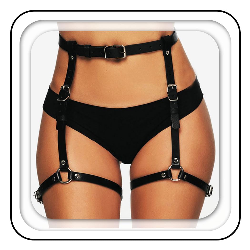 Asooll Punk Leather Thigh Body Harness Chain Leg Garter Belts Belly Chain Waist Rave Party Nightclub Body Accessories for Women (b179)