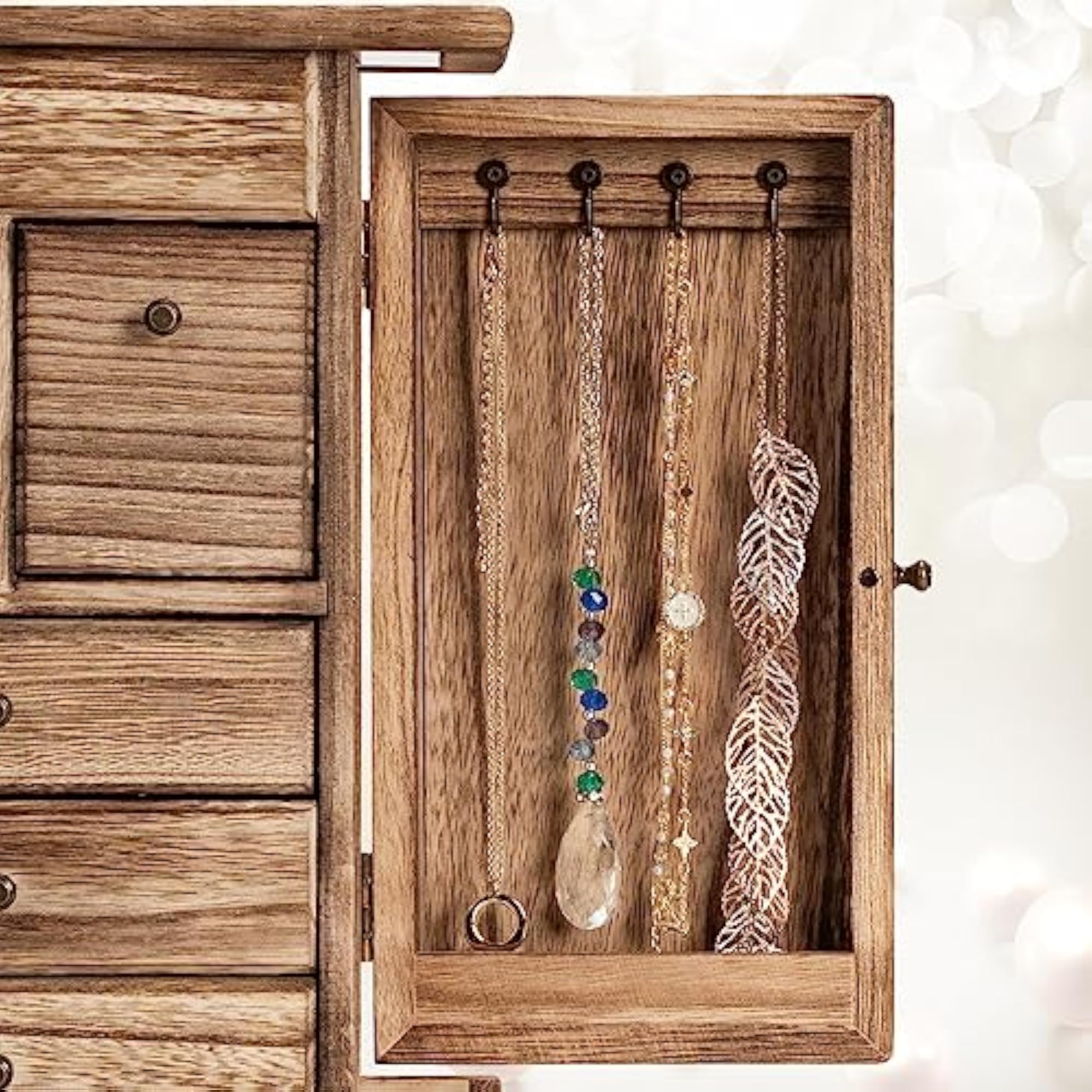 Rustic Wooden Jewelry Organizer Box with Mirror