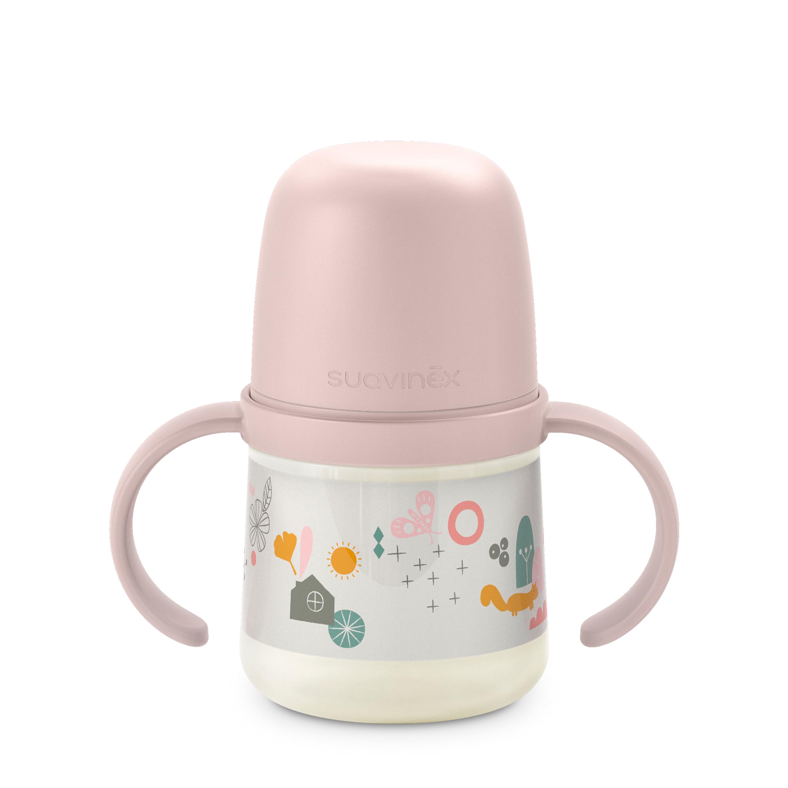 Suavinex, Babydrinkbeker, fles met handgrepen, gloeit in het donker, met lekvrije siliconen tuit, met anti-koliek ventiel, voor baby's 6 maanden, ideaal voor nacht, 150 ml, blauw
