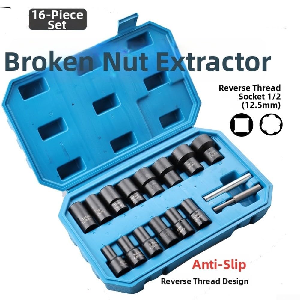 Set di 16 estrattori a spirale inversa da 8-27 mm, per dadi danneggiati o arrotondati, compatibile con chiavi e cricchetti da 1/2"