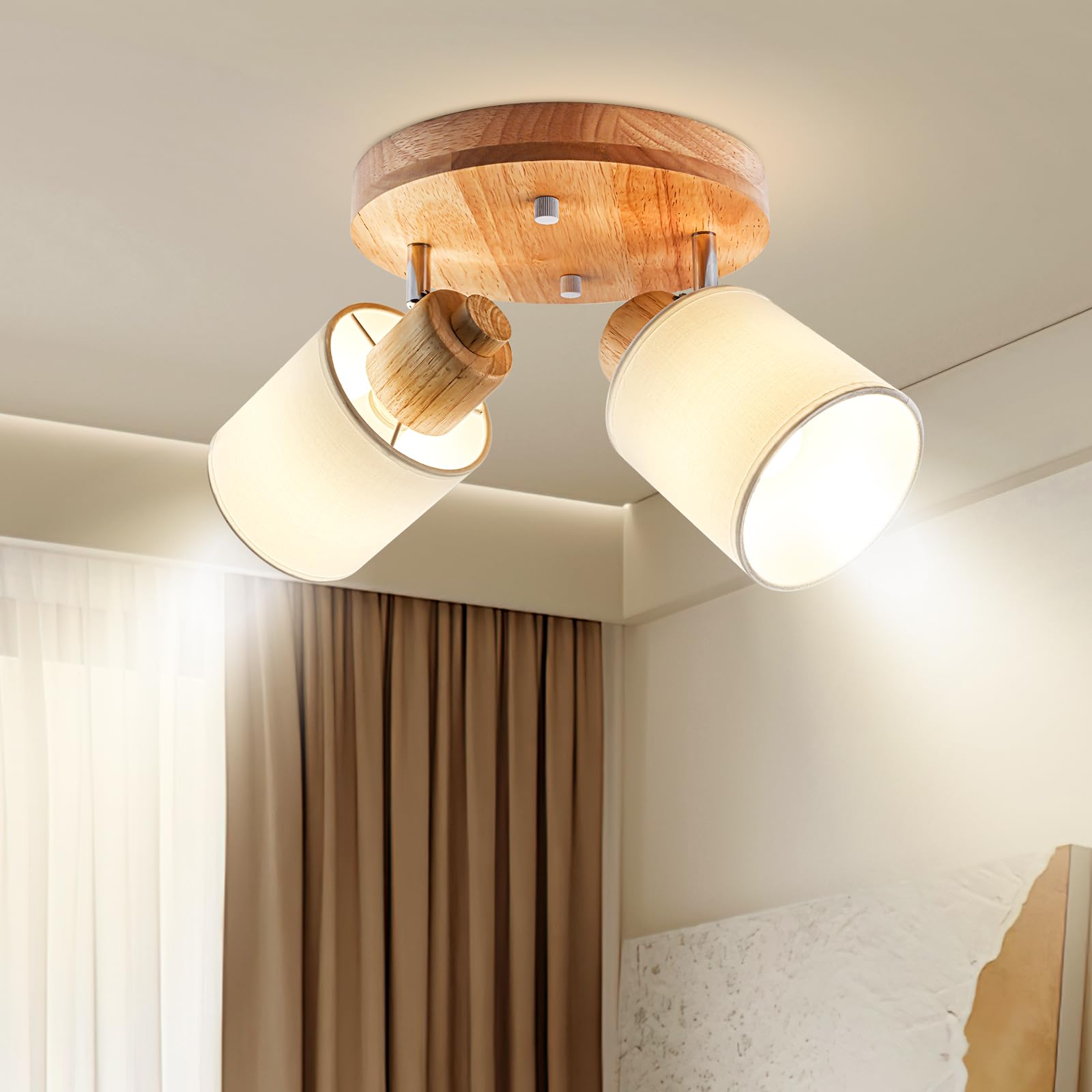 Doughelec Ceiling Spotlight 2 Adjustable Spotlights, Wood Round Ceiling Light for Interiors, Retro E14 Wall Light for Living Room, Bedroom, Kitchen, Dining Room 230V, Without Bulbs