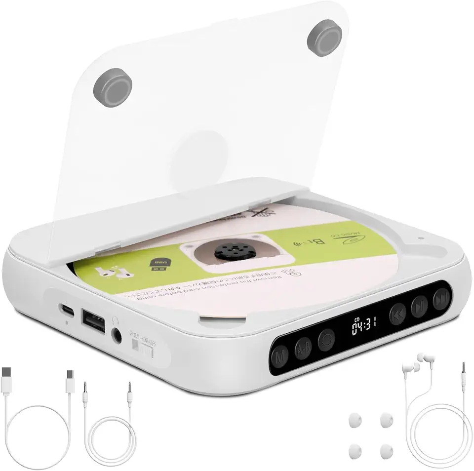 135 x 135 x 25 mm, Mini CD Player Portatil, 2000mAh, Pode Ser Levado com Você, Compatível com Fones de Ouvido Toca CD, Alto-Falantes Duplos Integrados