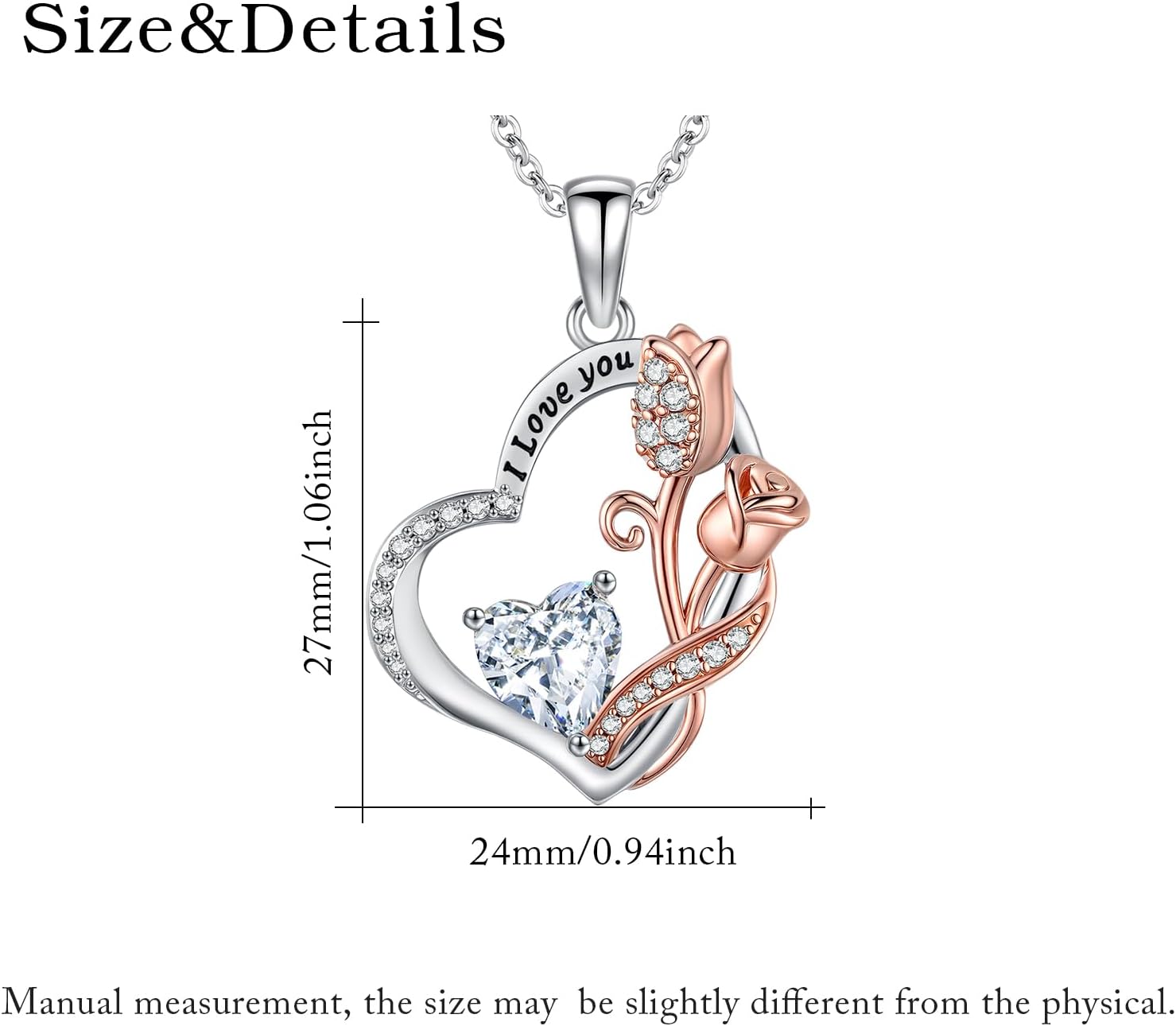 Rose Heart Necklace for Women 14K Rose Gold/White Gold Filled I Love You Pendant Anniversary Birthday Christmas Valentine's Day Jewelry Gifts for Women Her Wife Daughter, Birthstone Jewelry with 18+2 Inch Chain - Image 6