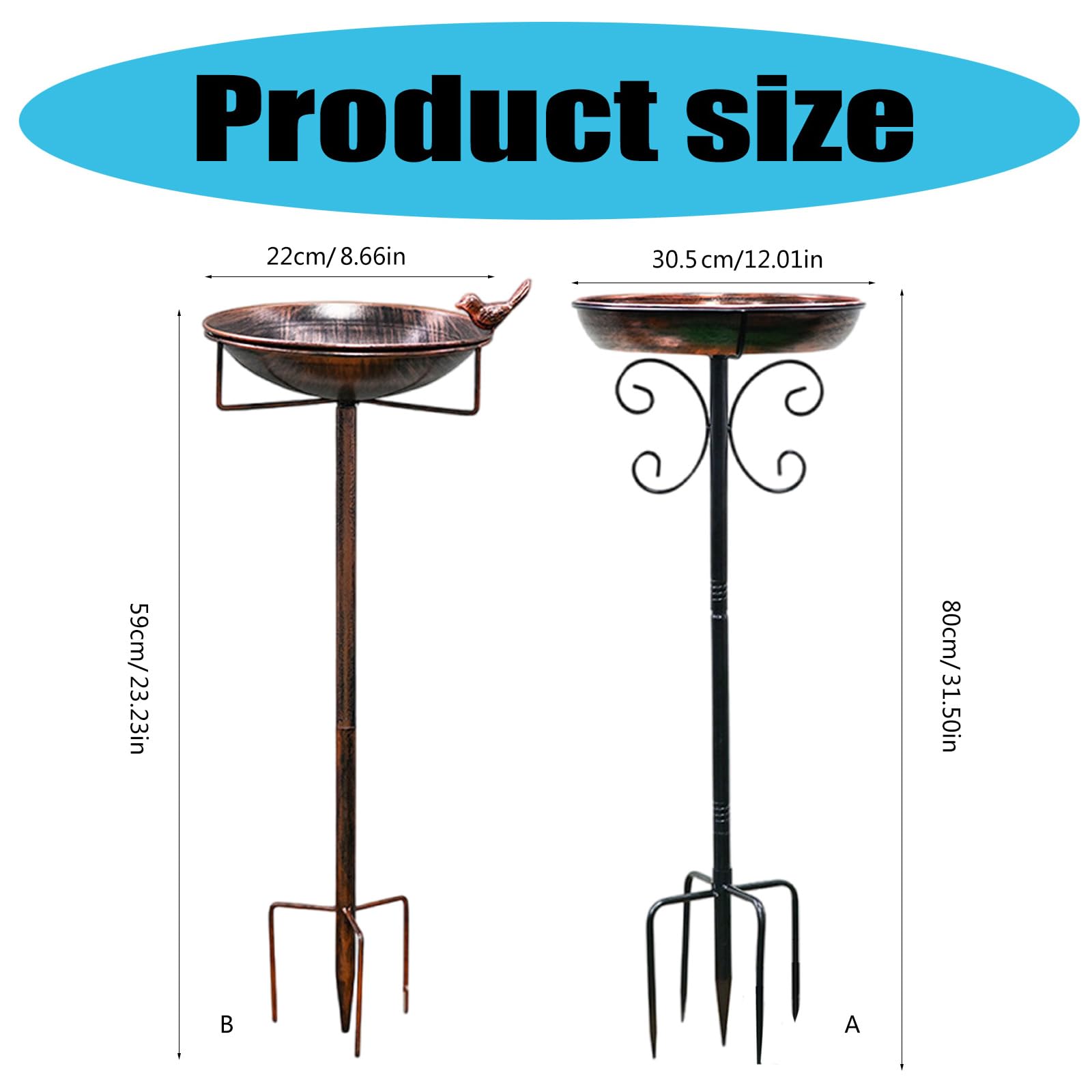 Baignoire à oiseaux vintage en métal sur piquet pour jardin, terrasse, cour avec 4 dents améliorées