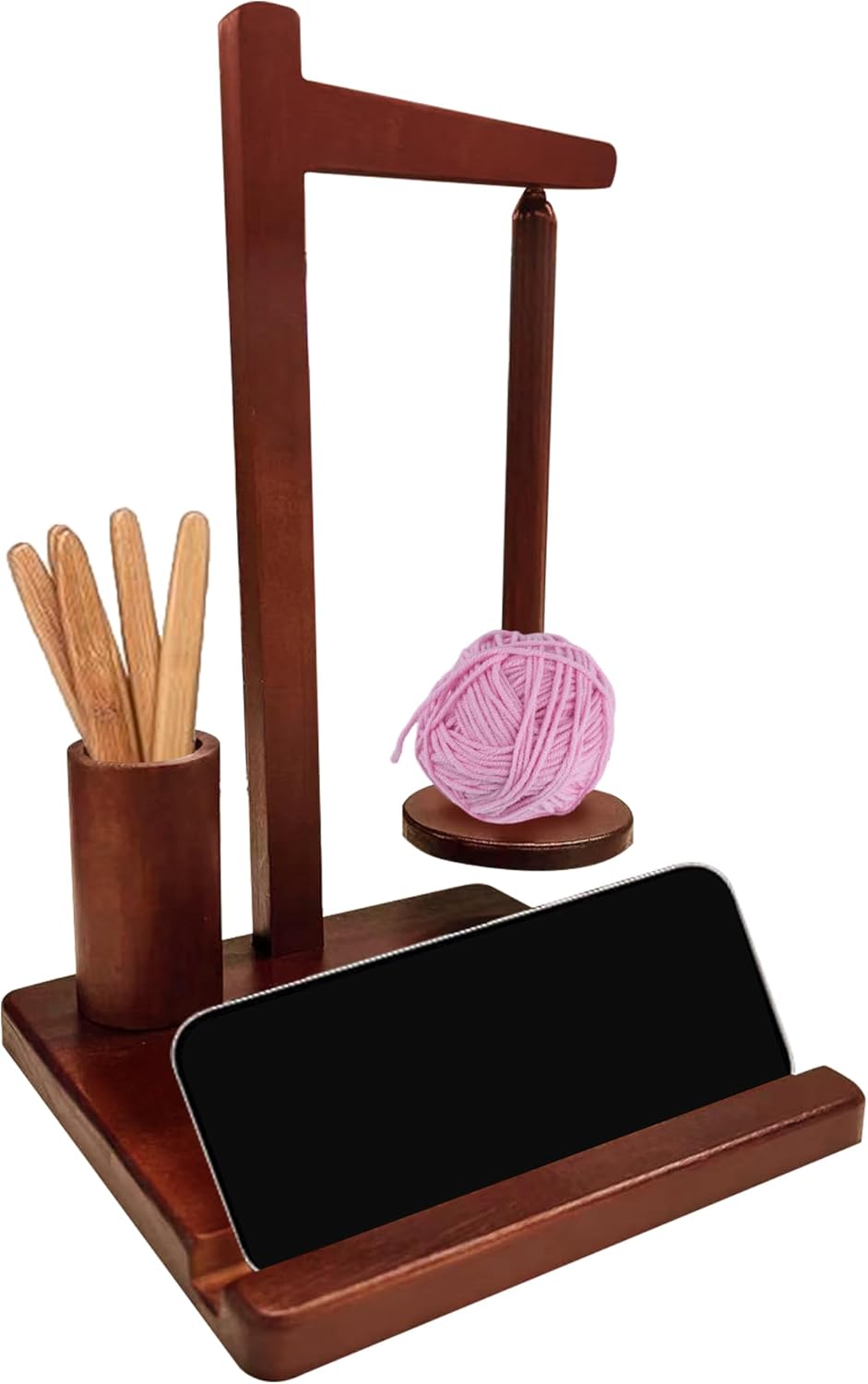MEHIDFY Wooden Yarn Holder for Crocheting and Knitting with Magnetic Spinner, Crocket Hook Storage with Phone Stand, Yarn Ball Holder for Crochet Lovers