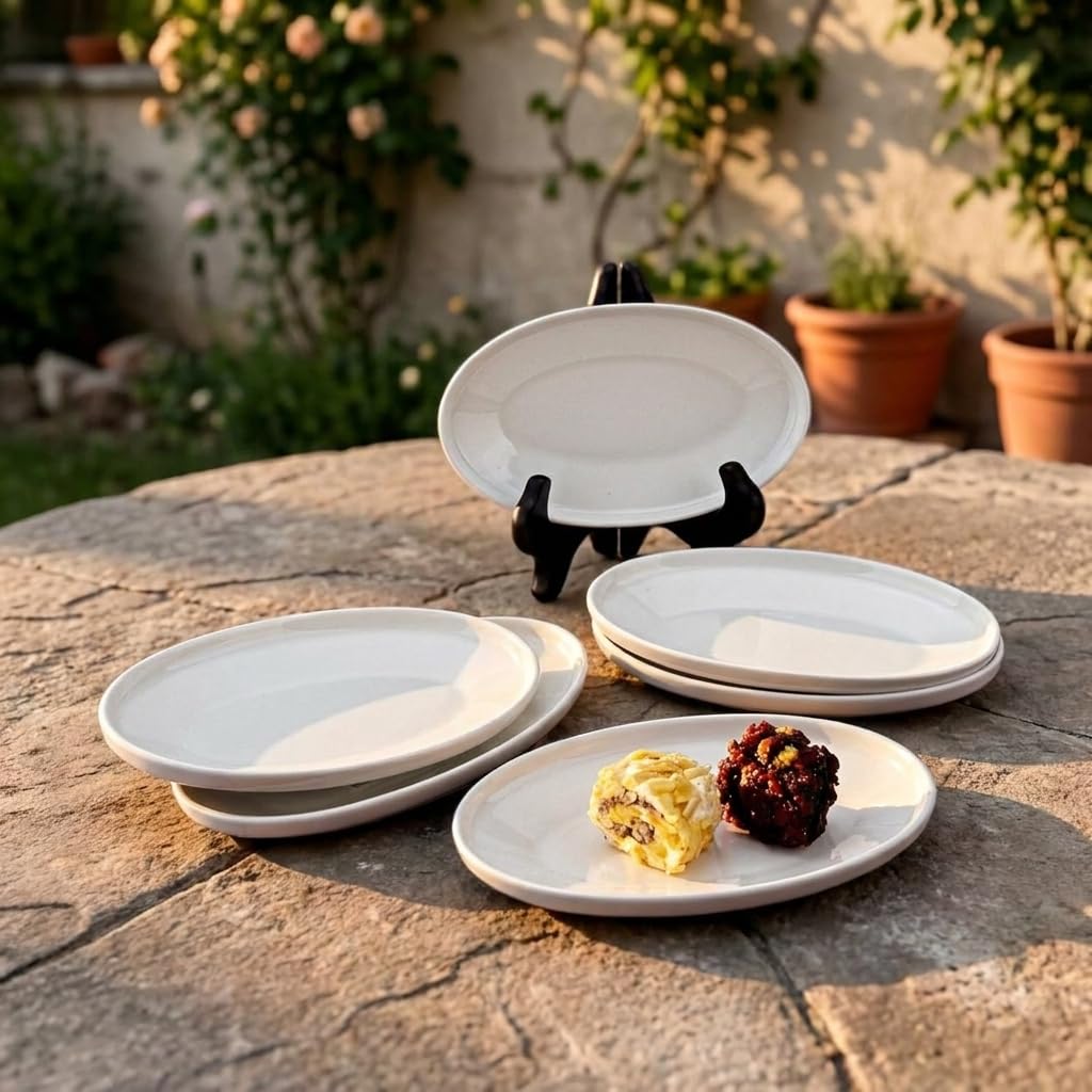 Deconox 6'lı Porselen Küçük Boy Oval Tabak Seti - Minimalist Beyaz Sunum Tabağı Kahvaltılık Mezelik ve Sosluk Servis Takımı (16 x 9,7 x 2,2 cm)