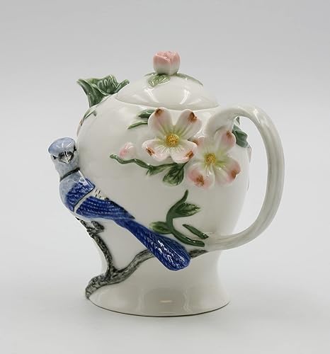 Miniatura 4 de Tetera de diseño de pájaros de porcelana fina con flores de cornejo 7 pulgadas de largo