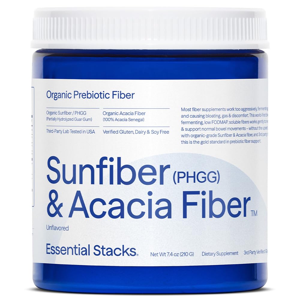 Organic 2-1 Acacia Fiber Powder (100% Acacia Senegal) & Sunfiber Prebiotic Fiber (Partially Hydrolyzed Guar Gum / PHGG) - Unique Blend of 2 Friendly Prebiotics - Unflavored Soluble Fiber Supplement