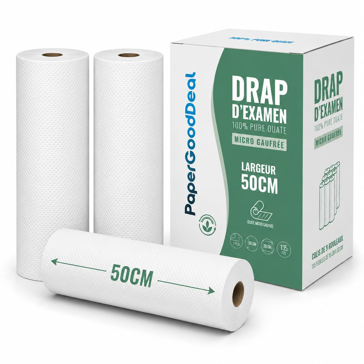 9 rouleaux de 135 feuilles = 1215 feuilles drap d'examen 50cmx35cm micro gaufré 100% pure ouate drap hygiénique pour esthétique gynécologie pédiatrie thérapie confort optimal Qualité professionnelle | Confort optimal pour les patients,Hygiène irréprochabl