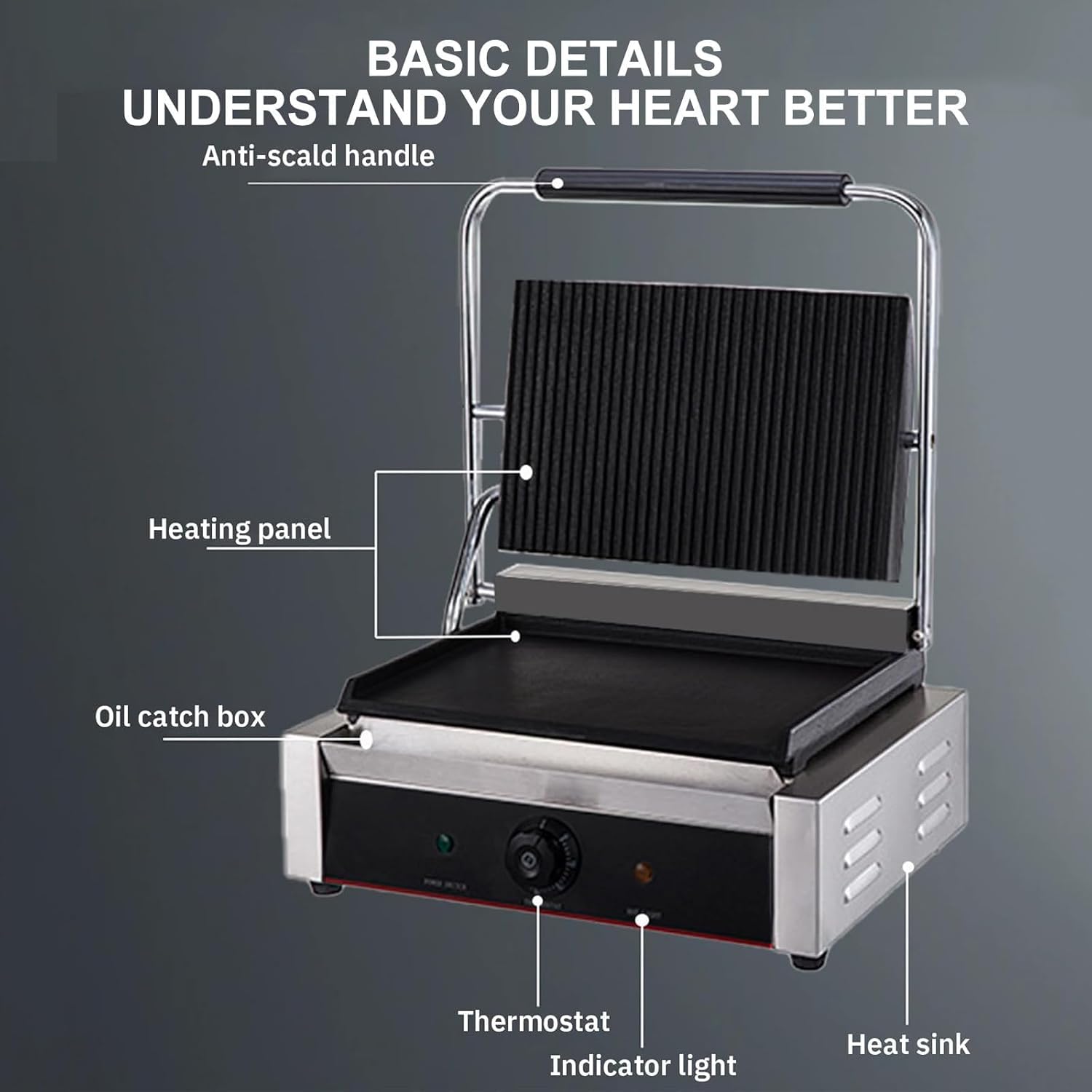 Piastra per Sandwich in Ghisa da 1800 W, Pressa Professionale per Panini, Griglia per Panini da 50°c A 300°c, per Hamburger, Bistecche, Pancetta, Panini, Salsicce