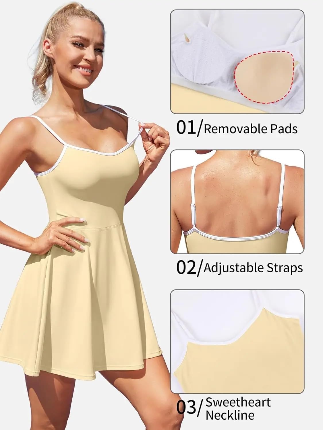 Vestido de Tenis for Mujer con Almohadillas extraíbles, Tirantes Finos Ajustables, Escote corazón, 2 Bolsillos Laterales Dobles, Ropa Golf para Tennis, Golf