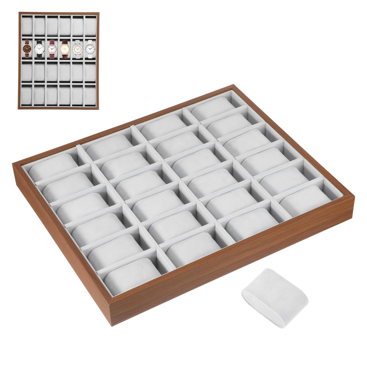 Happyyami Organizador de relojes y caja de almacenamiento de relojes de madera, bandeja de exhibición de 24 posiciones para joyas, tienda y regalo