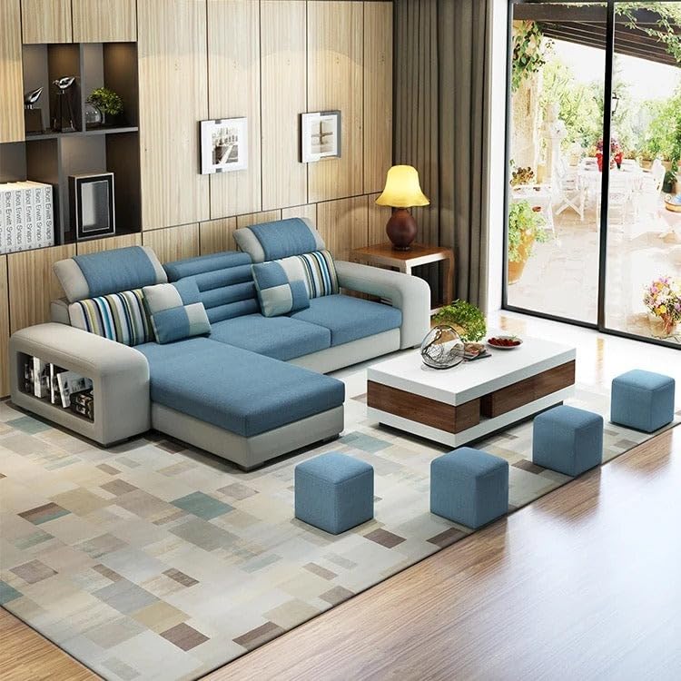 Image of Travis Luxury 8 Seater L Shape Sofa for Living Room Blue & Light Grey LHS | Premium Sofa Set 8 Seater | L Shaped Sofa with Ottoman for Bedroom House Decor