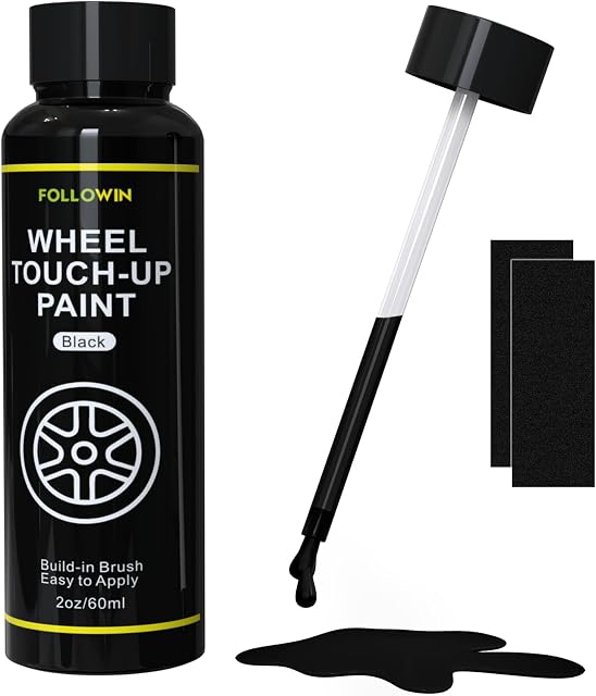 FOLLOWIN Black Rim Touch Up Paint for Cars 2OZ(60ml), Black Wheel Paint Repair Kit, Automotive Rim Scratch Repair, Touch up Paint Kit with Brush, Repair Rim Curb Rash, Wheel Scratch, Surface Damage Quick and Easy, Touch Up Paint Bottles with Brush