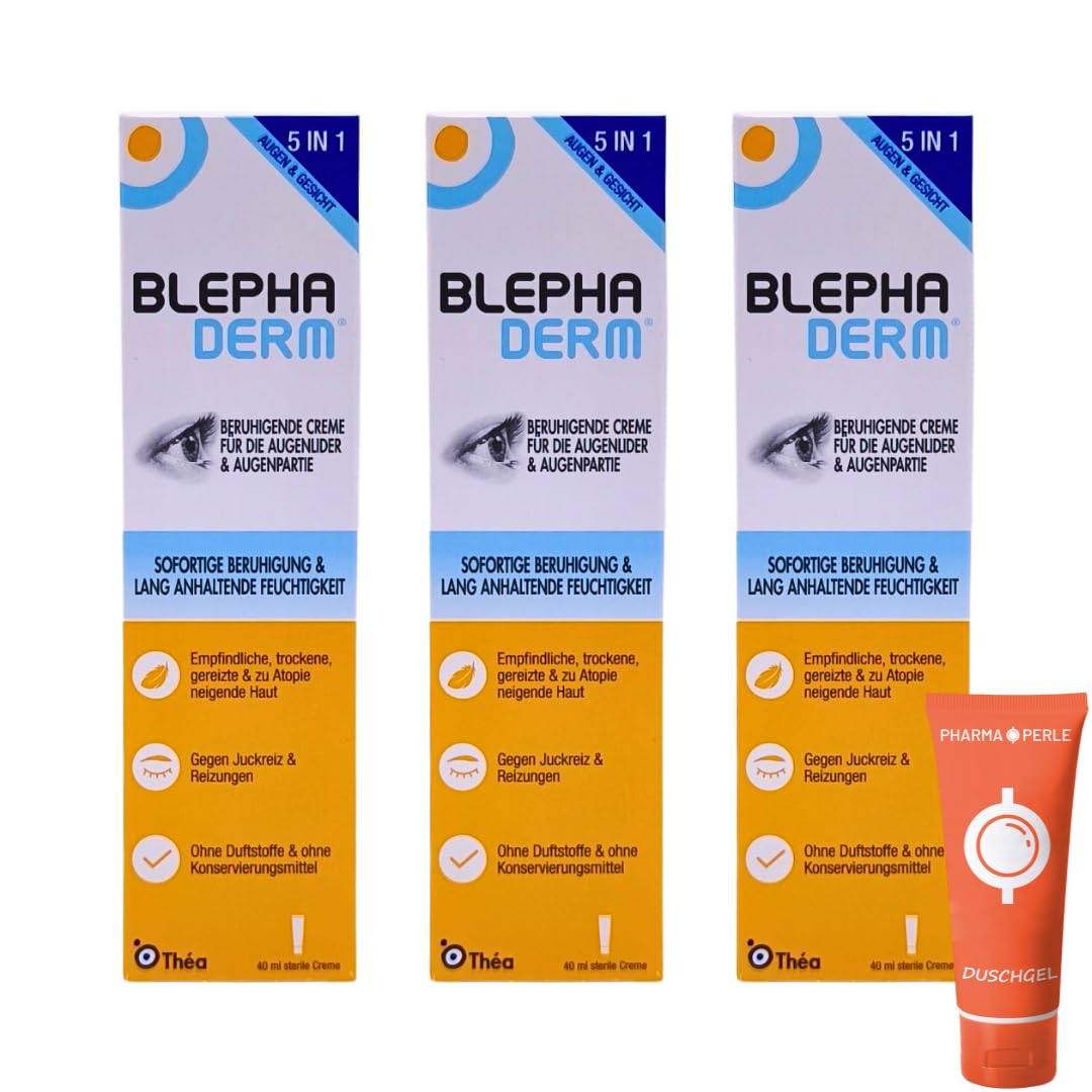 BLEPHADERM Beruhigende Creme für Augenlider & Augenpartie 3x 40 ml | Sterile Augenpflege | Für empfindliche & trockene Haut | Ohne Duft- & Konservierungsstoffe | parfümfrei I mit Pharma Perle Duschgel