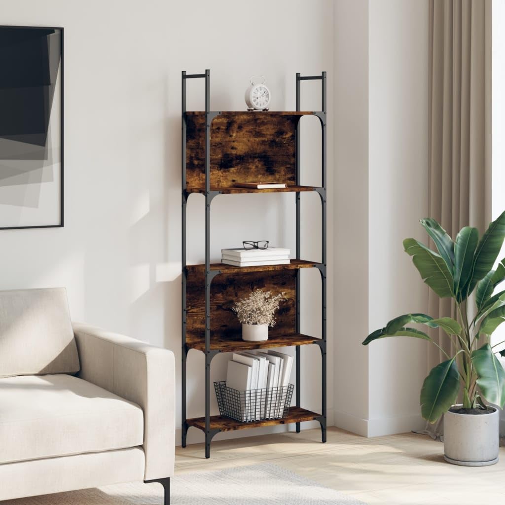 Générique Regał 5 poziomów wędzony dąb 60,5x24x166,5 cm | Stal malowana proszkowo, drewno inżynieryjne, otwarte półki, mocowanie ścienne w zestawie