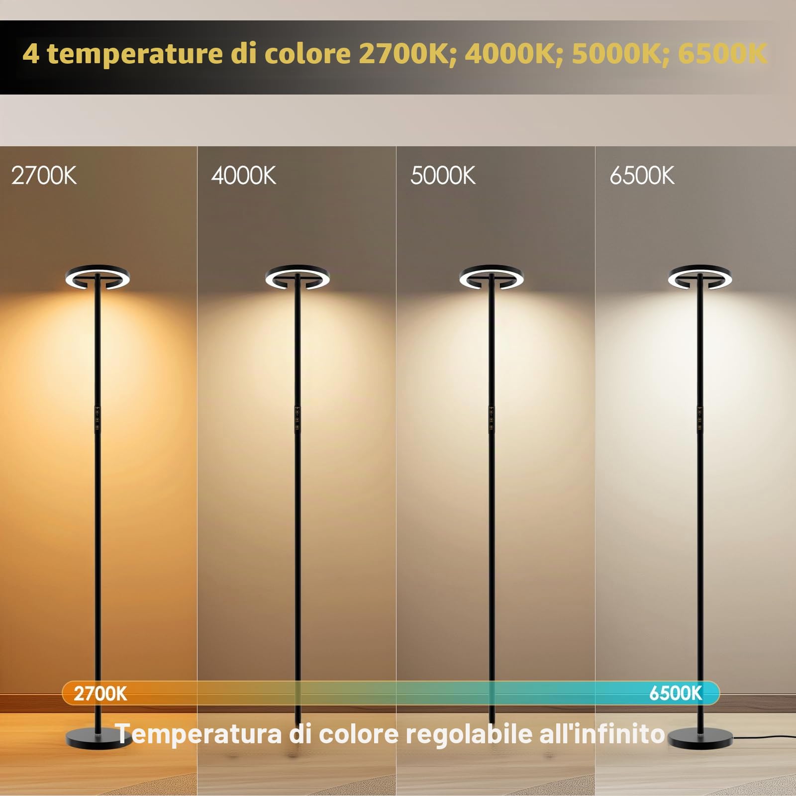 Lampada angolare a LED luminosa da 71 pollici con telecomando (batteria non inclusa), dimmerabile senza interruzioni, lampada da lettura girevole, 2700-6500K, moderna lampada da pavimento luminosa per