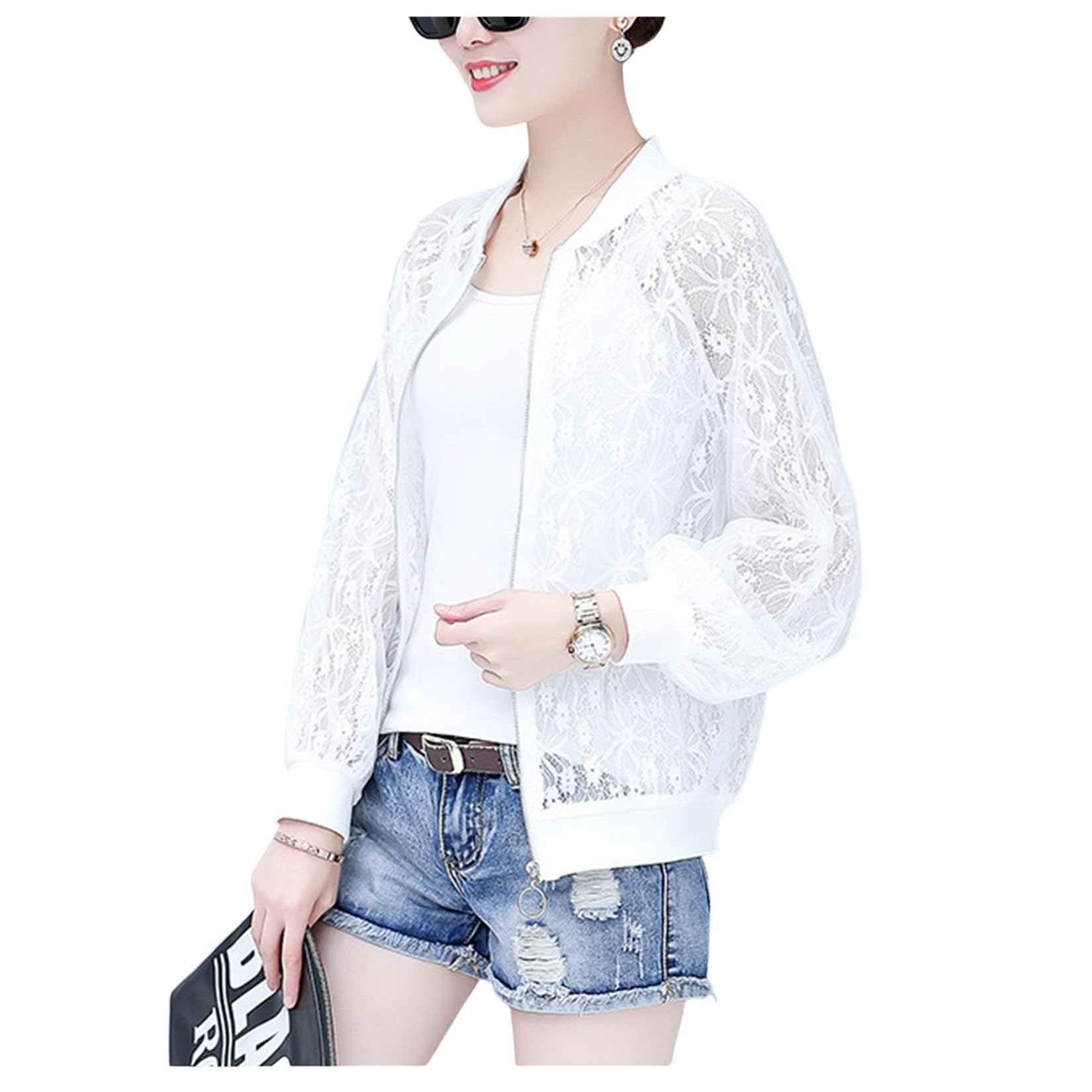 UNeedVogWomen's Sun Protection Clothing Uv Breathable Lace Short Spf Jacket Translucent Sun Shirt