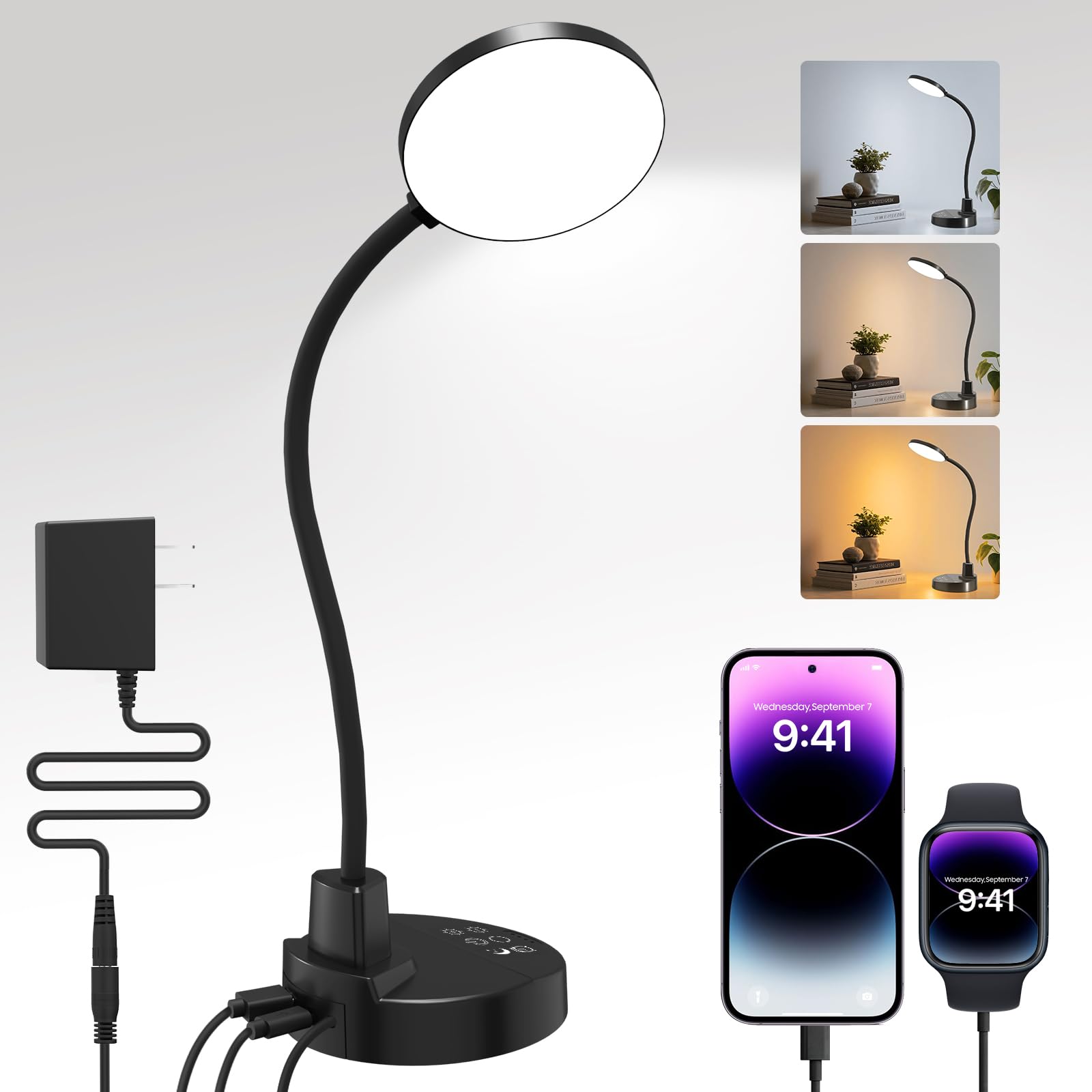 ZAPLIT 15W Lampada da scrivania 97 LED con USB-A e USB-C - Dimmerabile, 3 Temperature di Colore, 5 Livelli di Luminosità, 4 Timer, Collo d'oca Flessibile a 360°, Salva Occhi