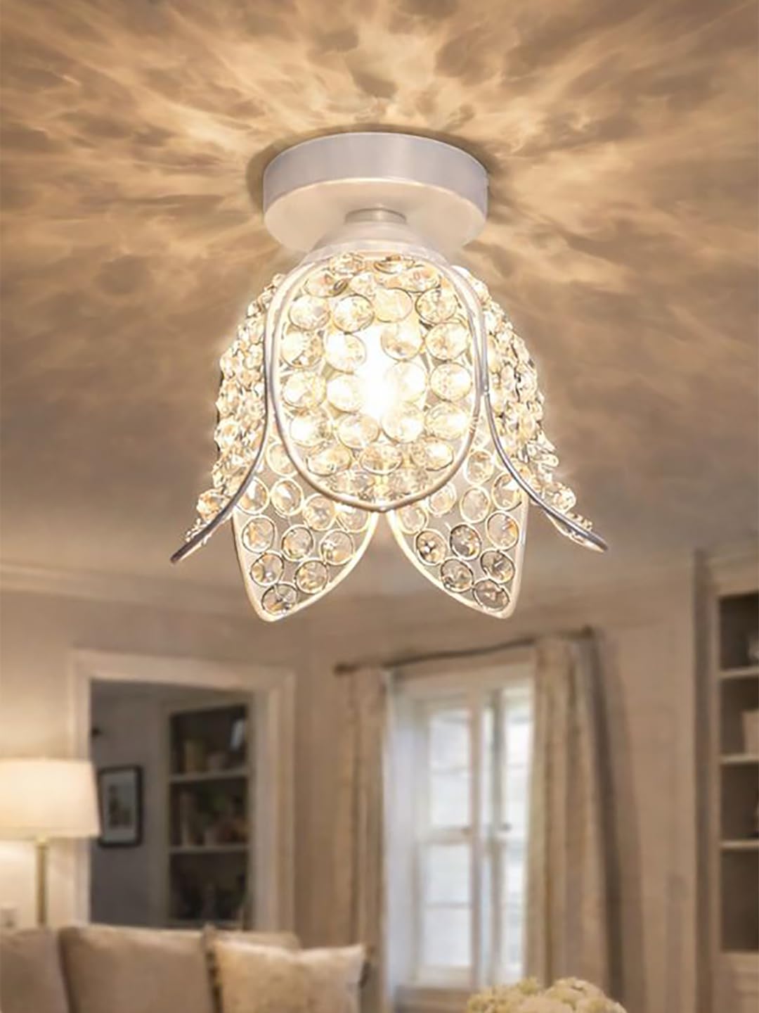 Modern Crystal Flush Mount Ceiling Light | Gold Finish Decorative Ceiling Lamp for Hallway, Bedroom, Living Room, Balcony & Foyer | Warm Light Home Decor Fixture (White Lotus)-image-34