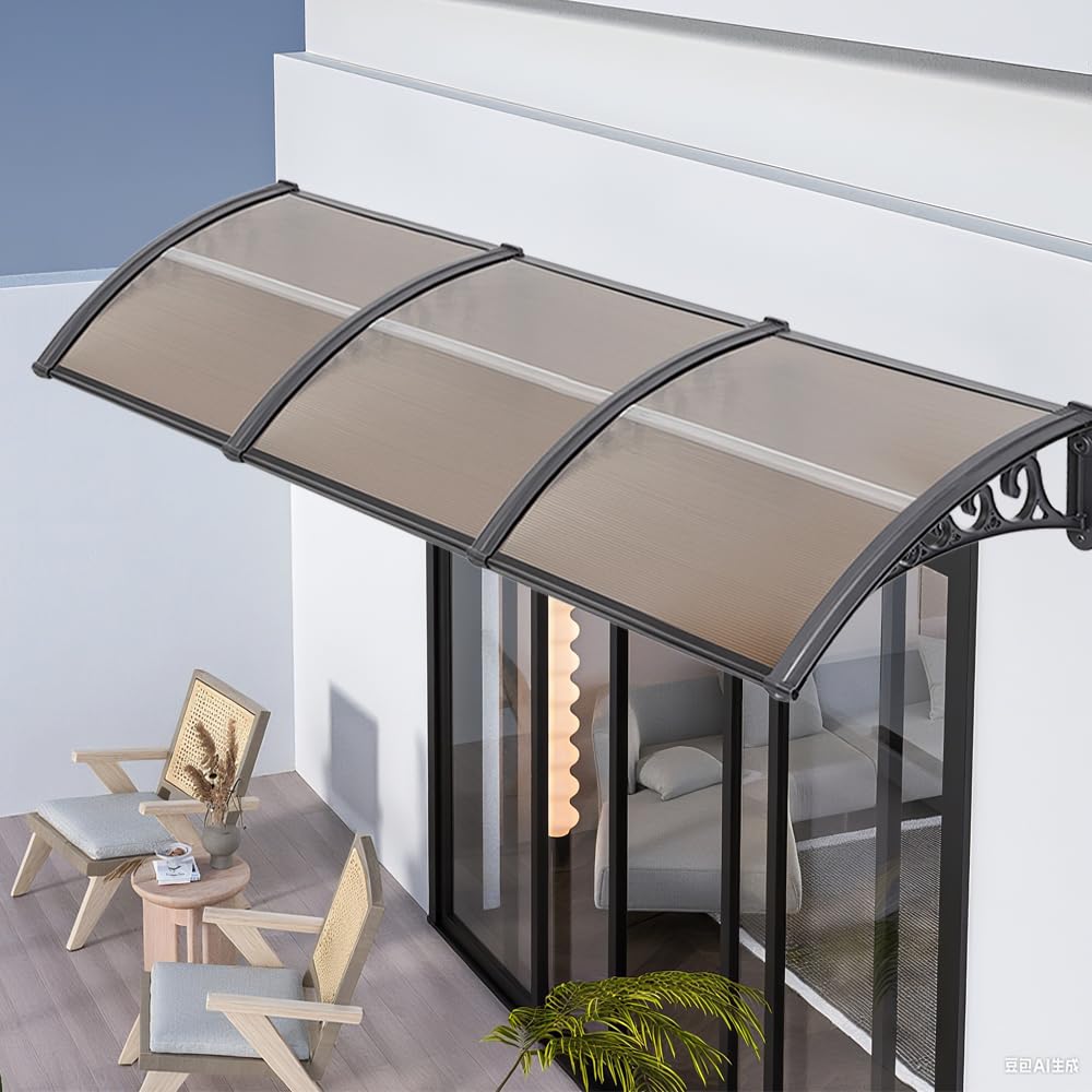 Marquesina de Puerta Exterior DIY, Tejadillo con Placa de Policarbonato Hueco y Soportes PP con Extremos de Aluminio, Protección contra Lluvia, Nieve y Rayos UV (60 * 100 cm)