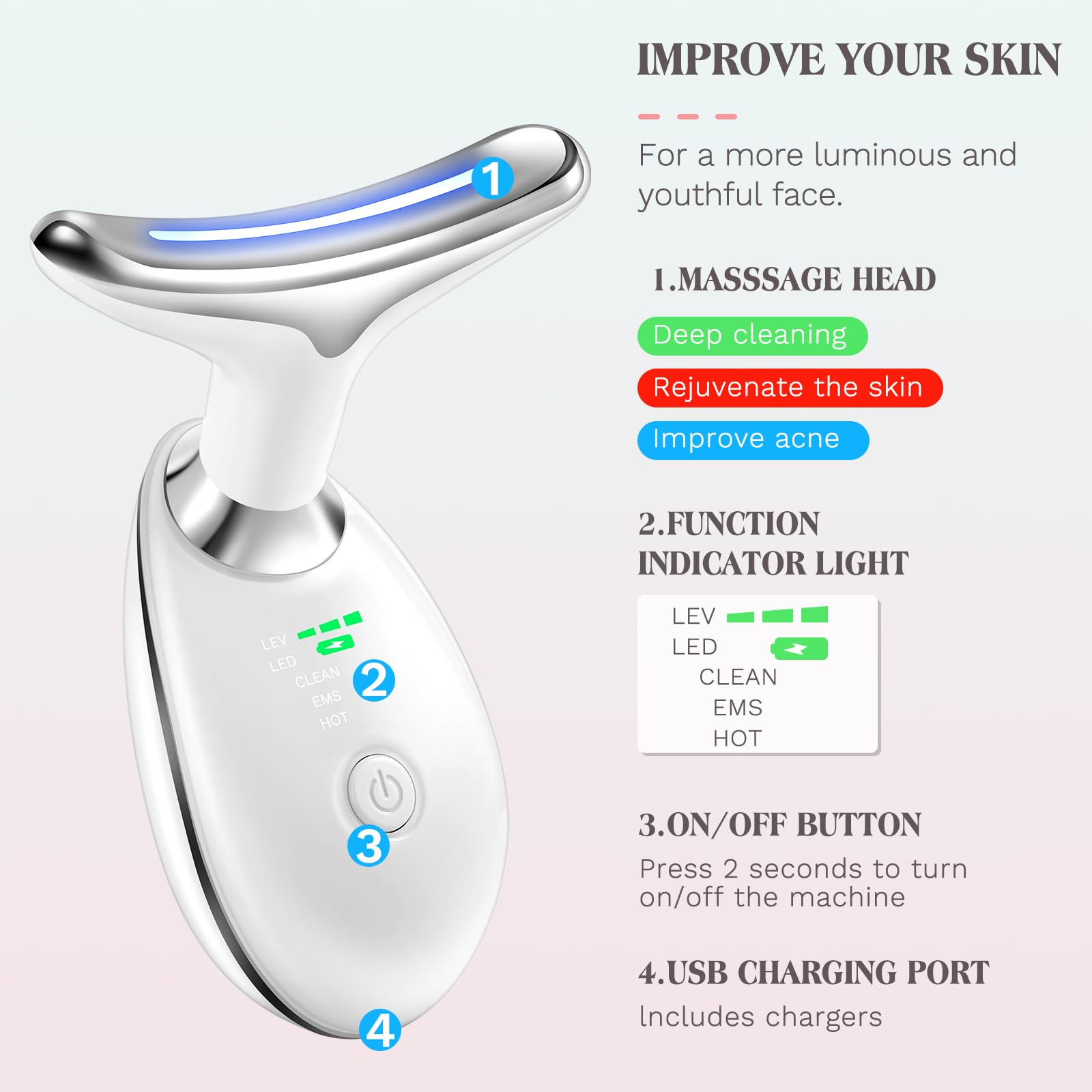 Dispositivo di Bellezza Antirughe, Lifting Massaggiatore per il viso e il collo, Impacco Caldo a 45 ℃ Terapia, Anti Invecchiamento riduce il doppio mento, Rassodamento e Sollevamento Della Pelle