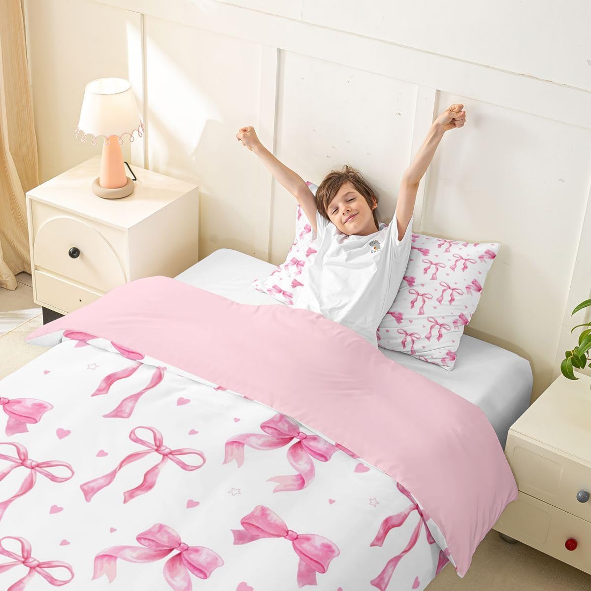 Castle Fairy Cute Bow Kids Duvet Cover Set Toddler Size,Ribbon Bow Knot Bedding Set,Sweet Princess Style Room Decor,White Pink Quilt Cover,1 Pillowcase(No Comforter) image 4