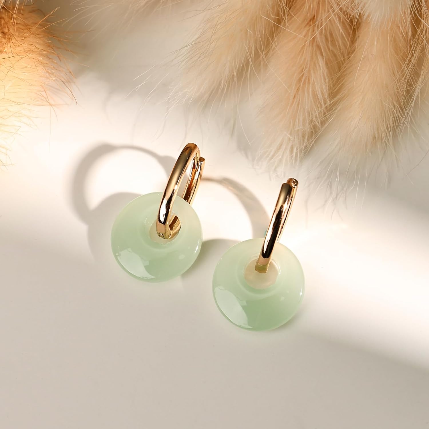 Gold Jade Hoop Earrings, Green Donut Shaped Jade Jewelry for Women - Image 6