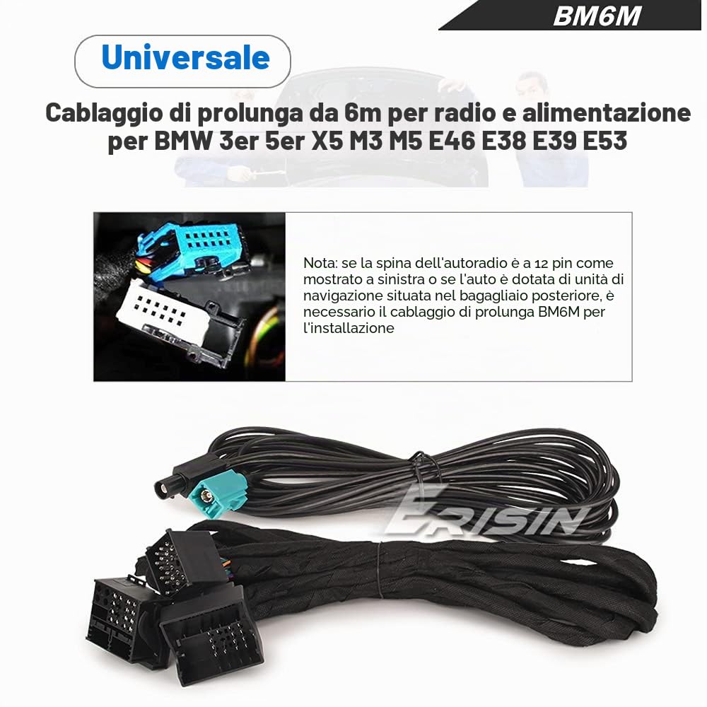Erisin BM6M Cavo di prolunga alimentazione 6M Cavo di cablaggio 12 pin maschio 6M Cavo di prolunga alimentazione e radio per Aftermarket BMW Serie 3/5 X5 M3 M5 E46 E53 E39 E38 GPS Autoradio