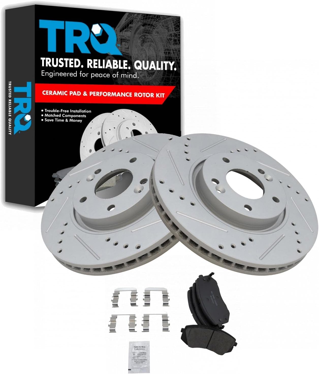 TRQ Brake Pad & Rotor Kit Premium G-Coated Performance Slotted X Drilled Ceramic Front Compatible with 2010-2015 Hyundai Tucson 2011-2016 Kia Sportage