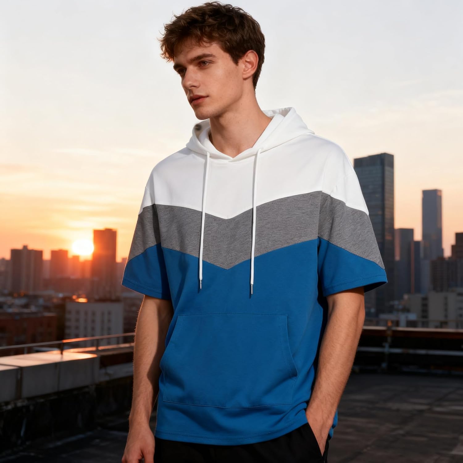 Mens Short Sleeve Hoodie Soft Cotton Color Block T-Shirt Pullover Big Pocket Half Sleeve Summer Sweatshirt - Image 2