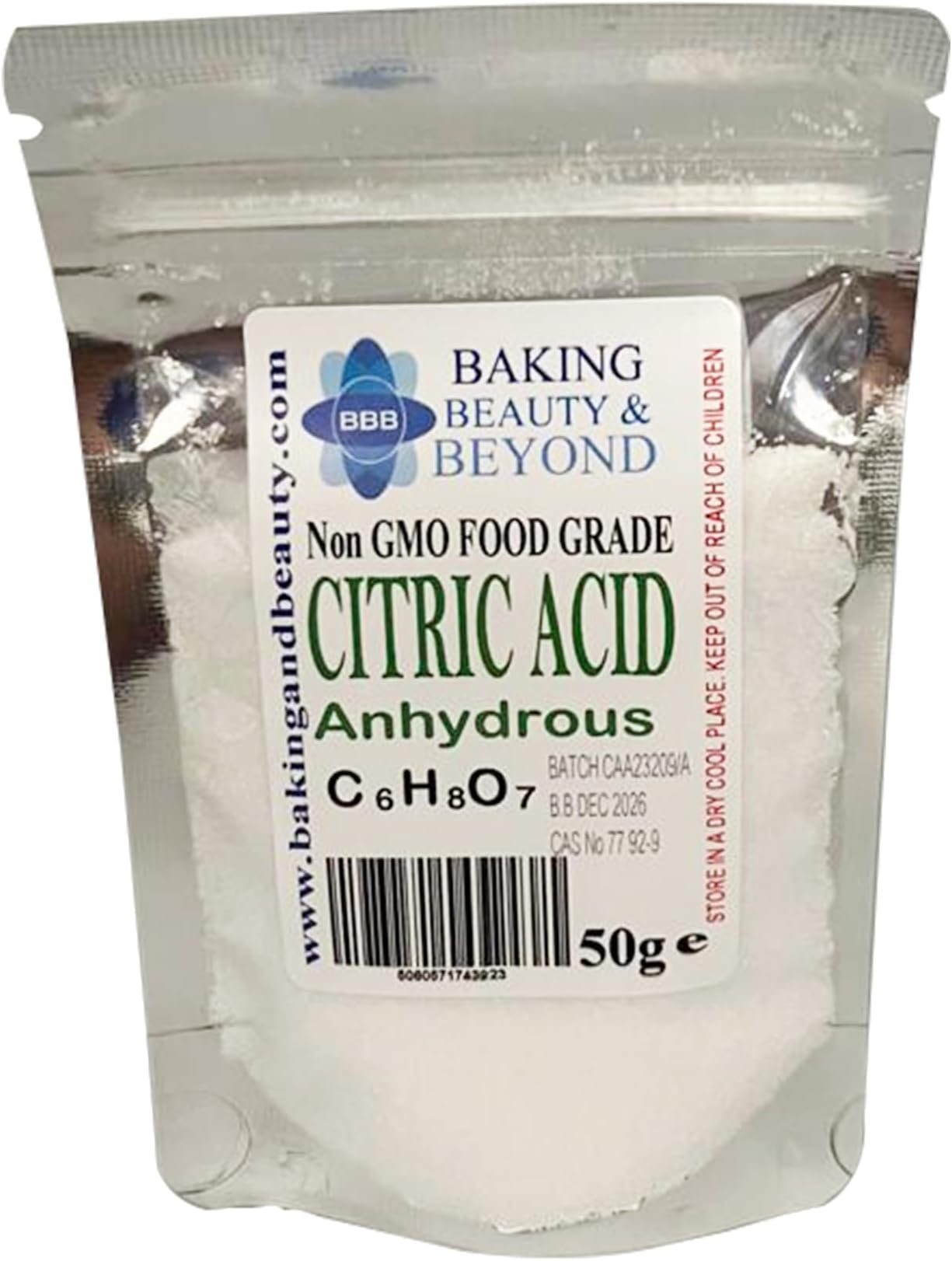 โ Baking Beauty and Beyond Food Grade Anhydrous Citric Acid - Non-GMO, Premium Quality Acid Perfect for BathBomb, Wine making, cleaning, descaling, Food additive, and cosmetics - 50g