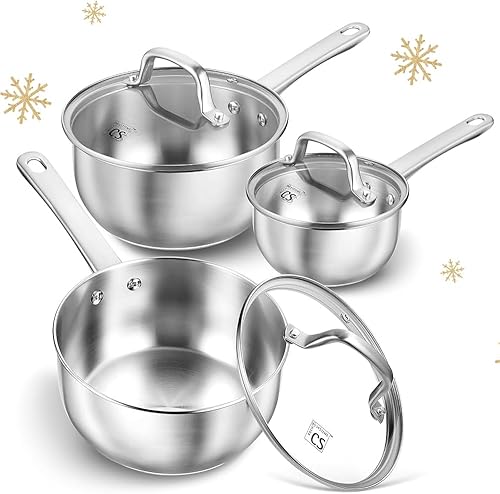 KOCH SYSTEME CS Juego de cacerolas de acero inoxidable, sartén de 1 cuarto de galón, 2 cuartos y 3 cuartos de galón, juego de sartenes de acero 1810