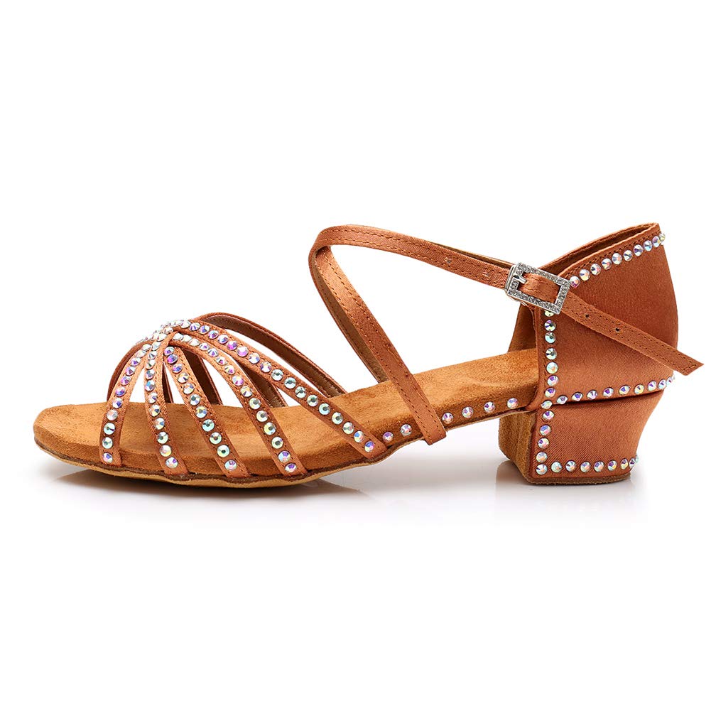 HIPPOSEUS Girls Rhinestone Latin Dance Shoes Brown Satin Ballroom Salsa Dance Practice Shoes,13 M US Little Kid