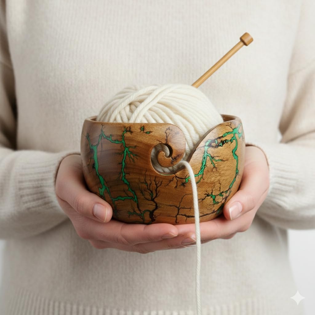 Lichtenberg Figure Yarn Bowl - Handmade Wooden Yarn Bowl for Knitting Yarn Ball Holder - Yarn Bowls with Holes Crochet Bowl Holder - Yarn Storage Bowl 7" x 4" inches (Green)