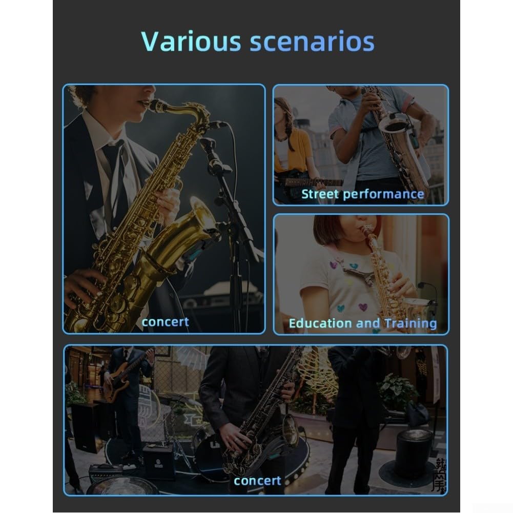 Sistema de micrófono inalámbrico para saxofón 48K 16bit audio digital baja latencia 12ms 40M rango batería de litio recargable 2 4GHz banda clip en para saxofón trompeta negro
