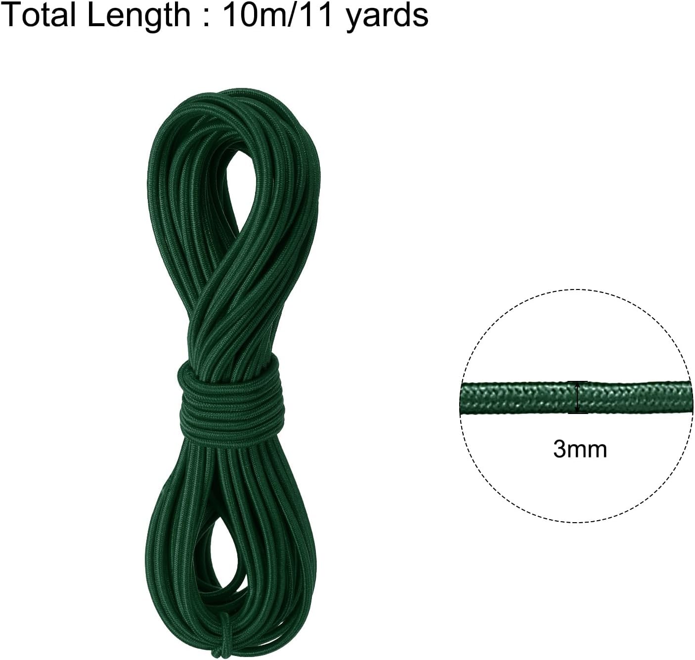 Bungee Cord Elastic Cord Heavy Stretch String Rope 1/8" 11 Yards(3mm x 10m) Green for Crafting DIY Sewing Hook Straps Camping Tie Down Strap