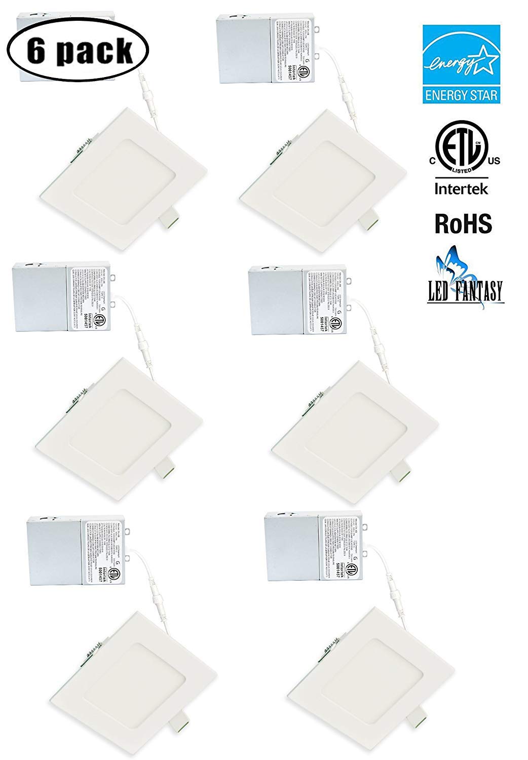 4-Inch 9W 120V Square Recessed Ultra Thin Ceiling LED Panel Downlight Light Dimmable Retrofit Slim Wafer IC Rated ETL Energy Star Air Tight 750 Lumens (3000k Warm White, 6 Pack)