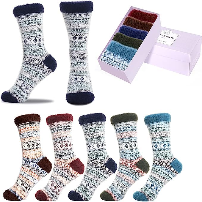 Image of SISOSOCK 5 Pairs Fuzzy Soft Cozy Comfortable Socks for Women, Casual Sleep Comfy Socks, Perfect Warm Winter Gifts for Women