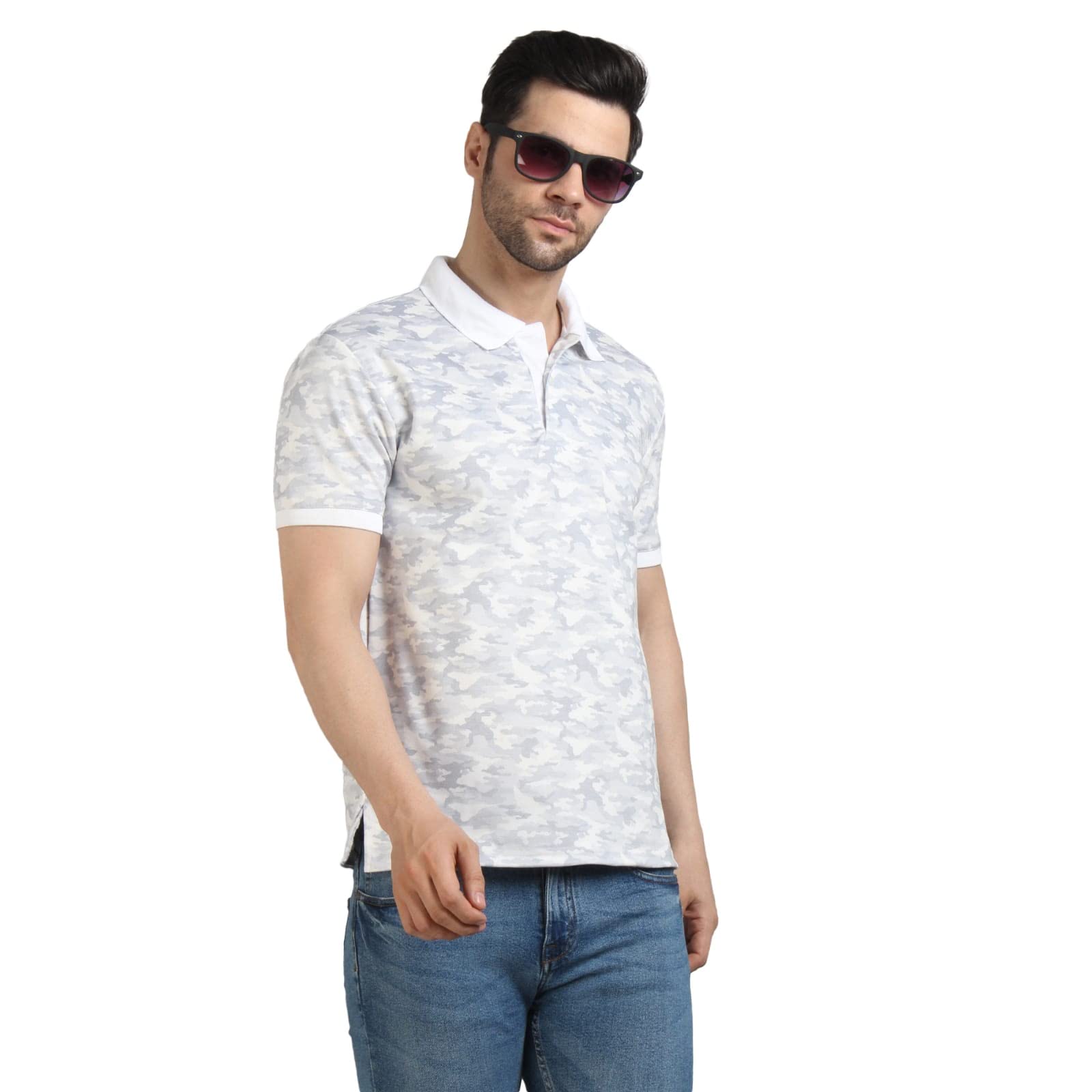 GATTSMen White Camouflage Polo T-Shirt, Half Sleeves Collar T-Shirt, Army Print Light Color Casual Tshirt