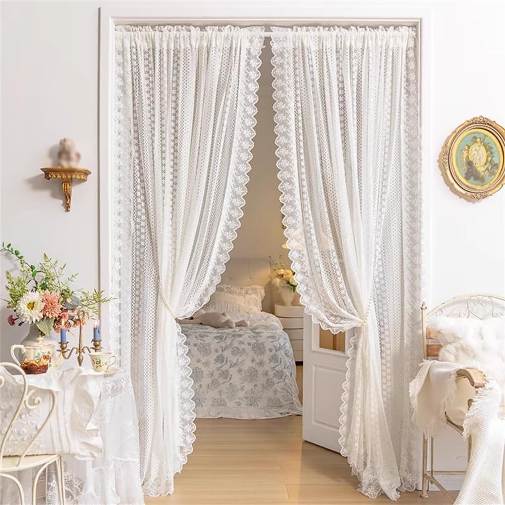 Lot de 2 Rideaux en Dentelle Blanc, Rideau Voilage Romantiques Français Filtrant la Lumière Passe-Tringle Bords Festonnés pour Salon Chambre(WxH160x130cm/63x51inch)