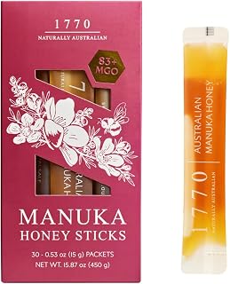 1770 Naturally Australian Manuka Honey Sticks, MGO 83+, 30 sticks x 15g(0.53 oz), Organic Manuka Honey Sticks for Tea, Travel, and Snacks