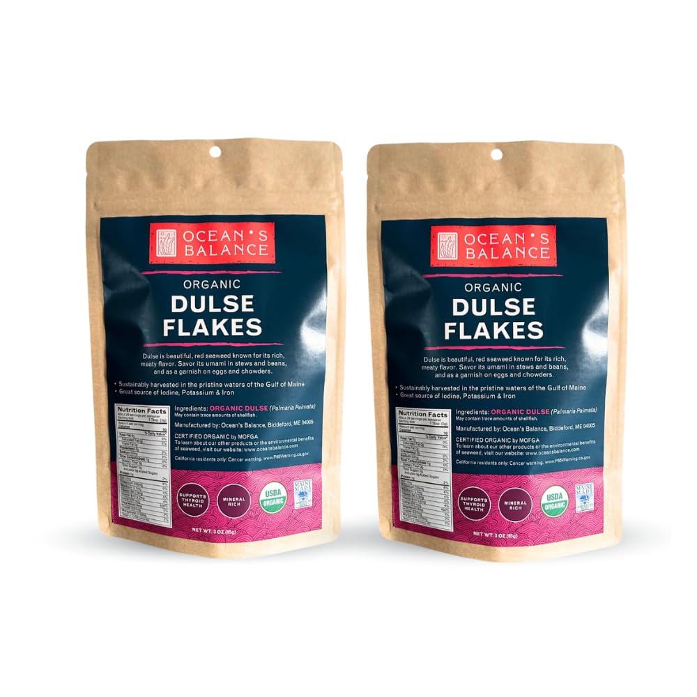 Organic Dulse Flakes – Wild-Harvested Atlantic Sea Vegetable from Maine – Soup Topping Seaweed ,Seaweed For Ramen,Salad & Snacks - Vegan, Gluten-Free, Rich in Iodine & B12 – Ocean’s Balance (3oz, 2-Pack)USDA Organic