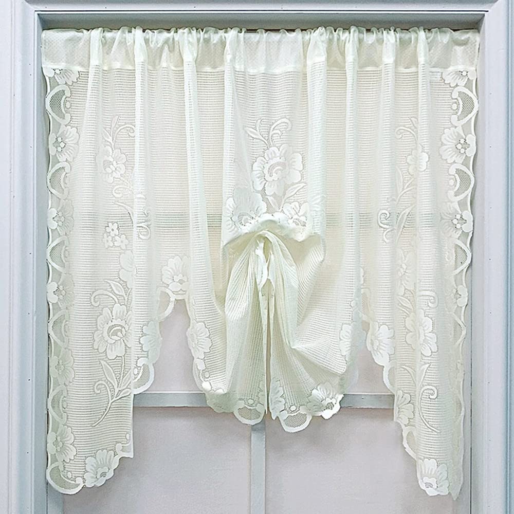 Yunsurey Beige Flower Lace Tie Up Embroidered Sheer Roman Curtains for Kitchen Window Adjustable Balloon Curtains for Living Room Bathroom 1 Panel W59